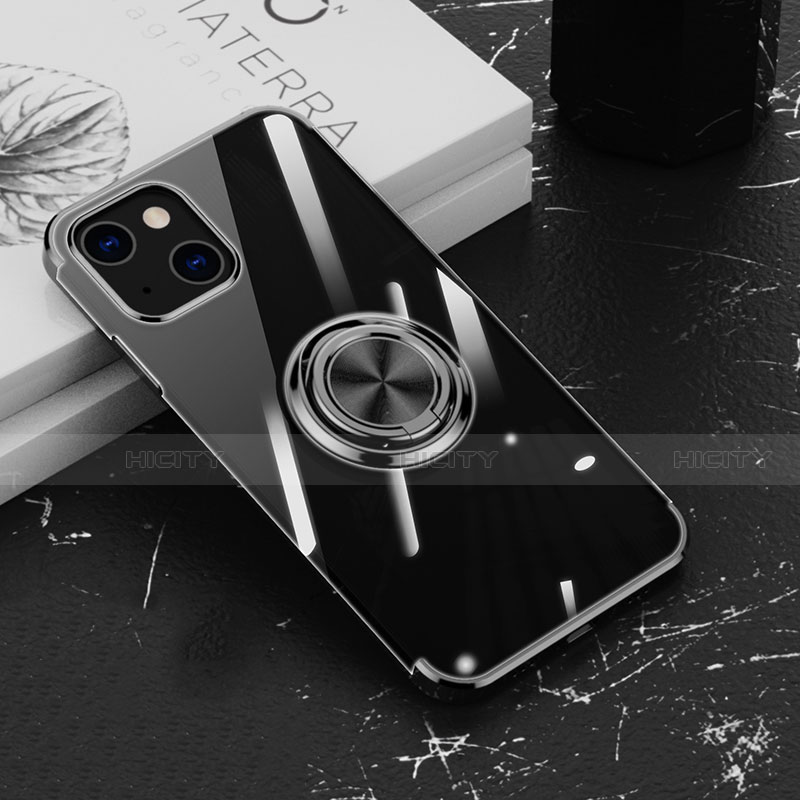Coque Ultra Slim Silicone Souple Housse Etui Transparente avec Support Bague Anneau Aimante Magnetique Z02 pour Apple iPhone 14 Noir Plus