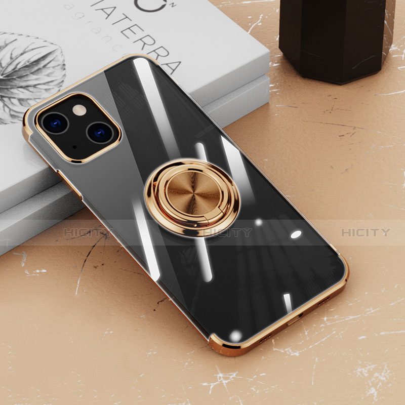 Coque Ultra Slim Silicone Souple Housse Etui Transparente avec Support Bague Anneau Aimante Magnetique Z02 pour Apple iPhone 14 Or Plus