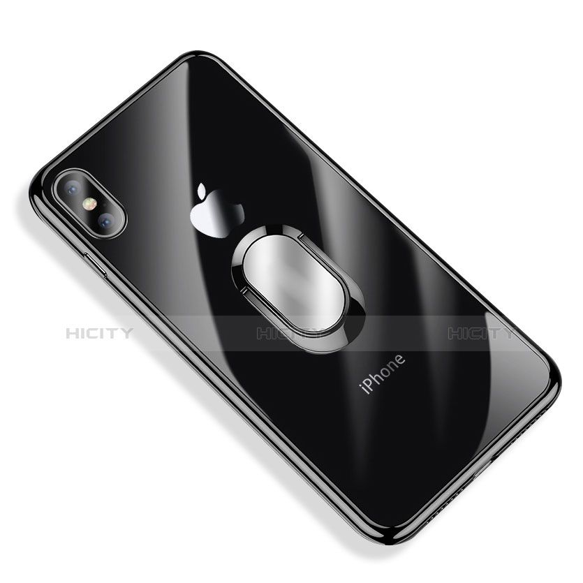Coque Ultra Slim Silicone Souple Transparente avec Support Bague Anneau T01 pour Apple iPhone X Noir Plus