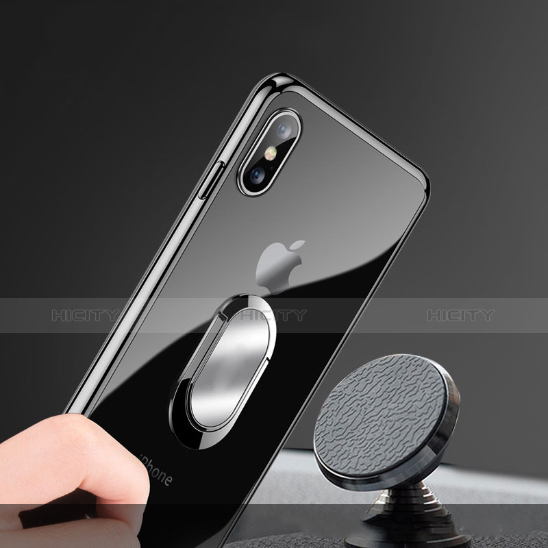 Coque Ultra Slim Silicone Souple Transparente avec Support Bague Anneau T01 pour Apple iPhone X Noir Plus