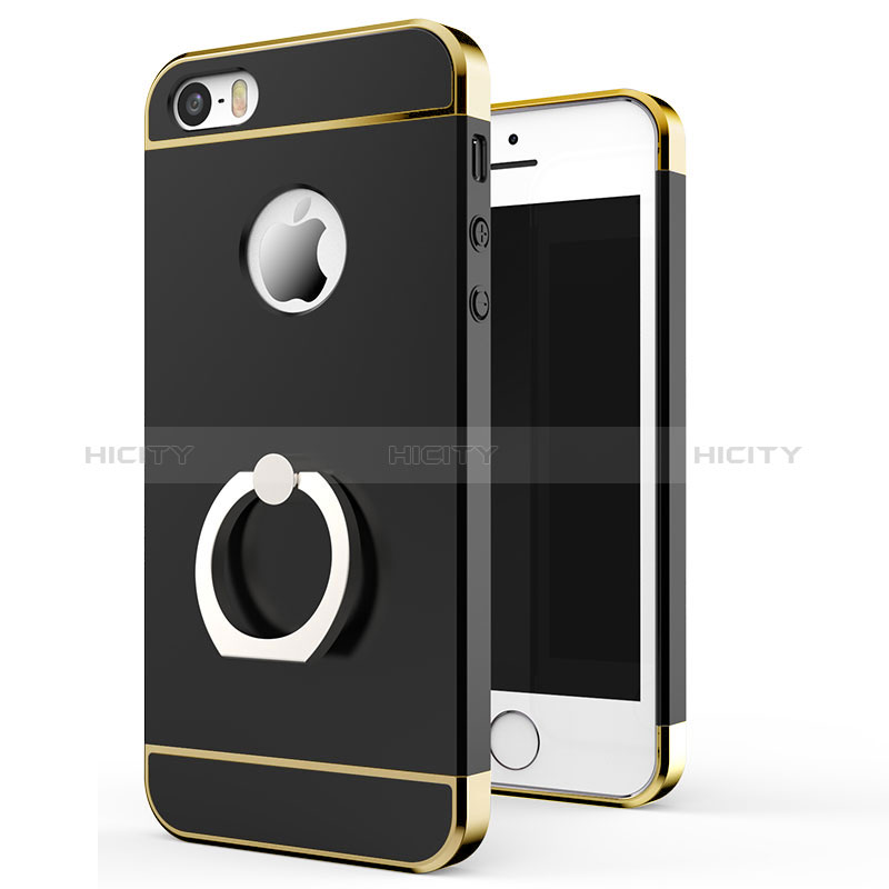 Etui Bumper Luxe Metal et Plastique avec Support Bague Anneau pour Apple iPhone 5 Noir Plus