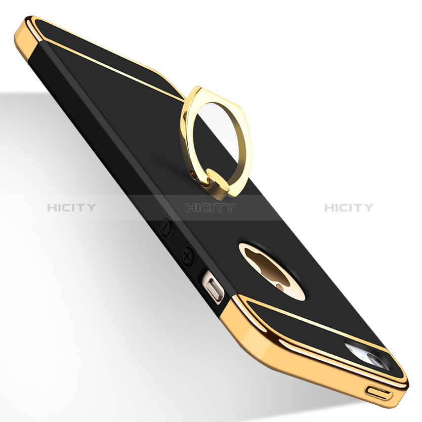 Etui Bumper Luxe Metal et Plastique avec Support Bague Anneau pour Apple iPhone 5S Noir Plus
