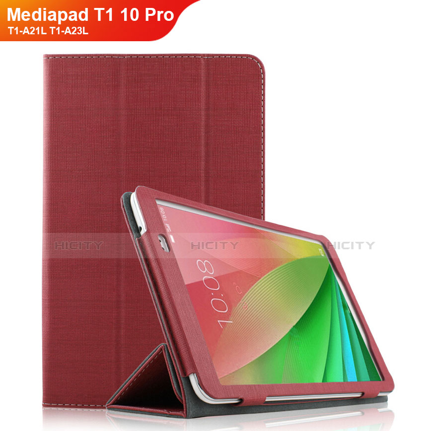 Etui Clapet Portefeuille Livre Tissu pour Huawei Mediapad T1 10 Pro T1-A21L T1-A23L Rouge Plus