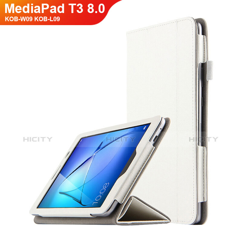 Housse Clapet Portefeuille Livre Cuir L01 pour Huawei MediaPad T3 8.0 KOB-W09 KOB-L09 Blanc Plus