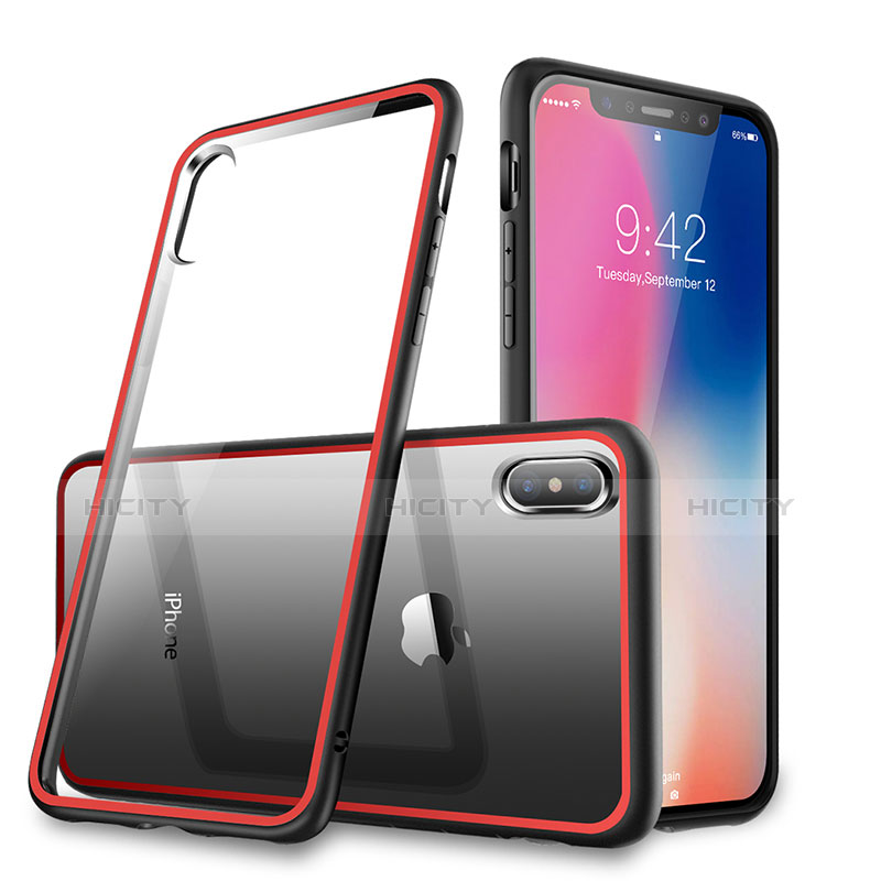 Housse Contour Silicone et Vitre Transparente Miroir 360 Degres pour Apple iPhone X Rouge et Noir Plus