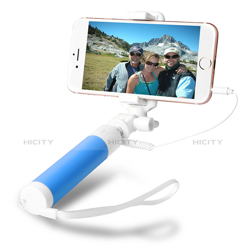 Perche de Selfie Filaire Baton de Selfie Cable Extensible de Poche Universel S10 Bleu Ciel Plus
